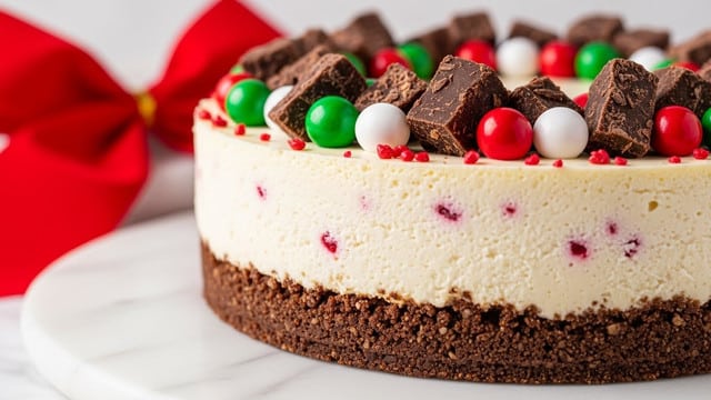 The image shows a close-up of a cheesecake with two visible layers. The bottom layer is a dark brown crumbly crust, slightly textured with bits of crumbs. Above it is a thick, smooth, creamy off-white cheesecake layer with tiny red specks spread within and on the sides. The top of the cake is decorated with small colorful candy balls in red, green, and white, along with irregular chunks of dark brown chocolate pieces. In the background, there is a large red bow partially visible at the top, adding a festive touch. The whole cake sits on a white marbled surface. photo taken with an iphone --ar 4:5 --v 7