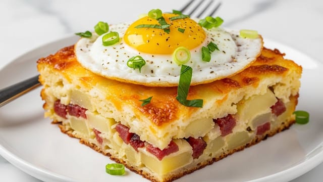 A thick square piece of golden brown potato casserole sits on a white plate with a white marbled texture background. The bottom layers show a mix of soft white potatoes and bits of red meat or bacon, topped with a nicely browned, crispy cheese crust. On top of the casserole is a sunny-side-up egg with a bright yellow yolk and firm white edges, sprinkled with chopped green onions and fresh green herbs. The edges of the casserole are browned and slightly crispy, giving a textured look, and part of a silver fork is visible behind the dish. Photo taken with an iphone --ar 4:5 --v 7