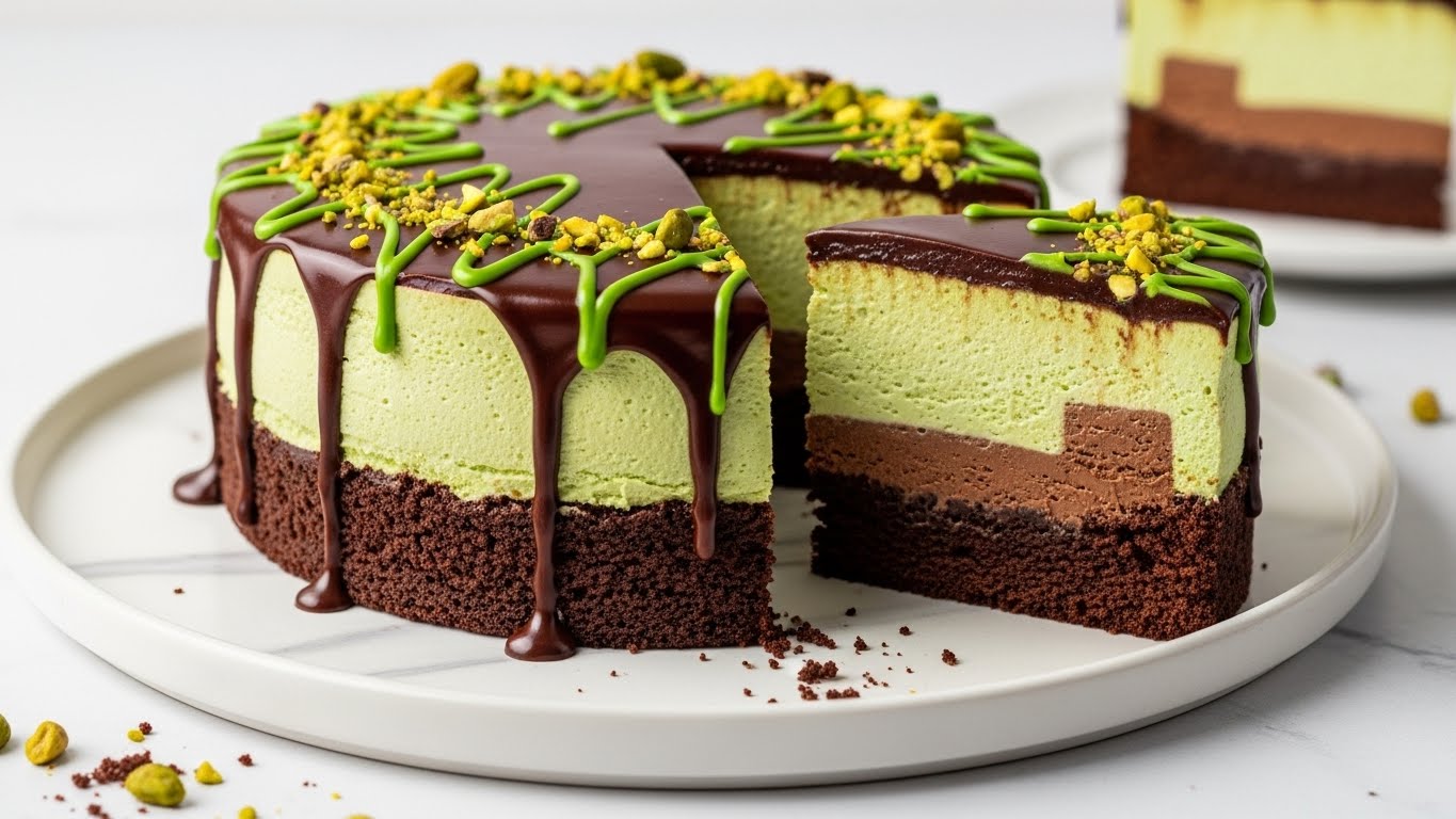 A three-layer cake on a white plate with a white marbled surface. The bottom layer is dark chocolate with a rough texture. The middle layer is thick, smooth, and light green, resembling a mousse. The top layer is shiny dark chocolate ganache with green drizzle and chopped pistachios scattered on top. One slice is cut out, showing all layers clearly, and there are some crumbs and pistachio pieces around the plate. In the background, there is another piece of the cake on a white plate. Photo taken with an iphone --ar 4:5 --v 7