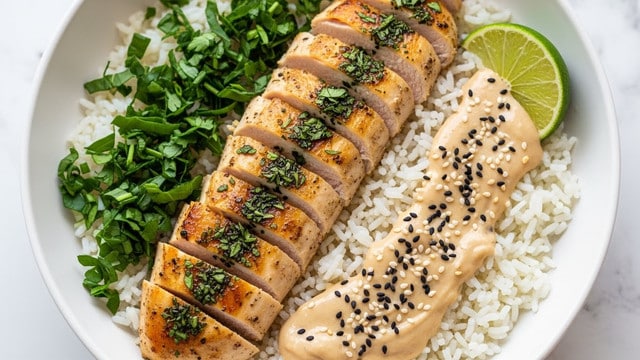 A bowl filled with white cooked rice forms the base layer, topped with several pieces of grilled chicken cubes that are golden brown with charred marks and sprinkled with green herbs. On one side of the bowl, a creamy sauce with a pale yellow color and green herb bits covers part of the rice. The bowl is white and set on a white marbled surface. photo taken with an iphone --ar 4:5 --v 7