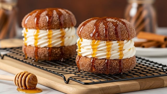 Two sandwich-like desserts are shown on a black wire rack on a wooden board, with a white marbled texture surface below. Each dessert has three layers: the top and bottom layers are brown sugar and cinnamon-coated soft buns with a grainy texture. The middle layer has thick swirls of smooth creamy white filling, topped with a glossy amber honey or syrup dripped over it. The background is blurred with warm tones, including cinnamon sticks and a honey dipper in the foreground. photo taken with an iphone --ar 4:5 --v 7