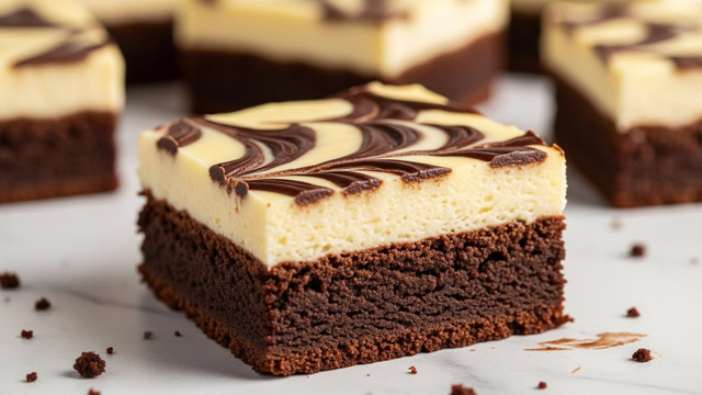 The image shows a close-up of a square brownie with two distinct layers. The bottom layer is thick, dark brown, dense, and fudgy with a slightly crumbly texture. The top layer is creamy and pale yellow, smooth with a marbled pattern of dark brown chocolate swirls running across the surface. The brownie sits on a white marbled textured surface with a few crumbs and smudges around it. In the background, there are blurred pieces of the same brownie, showing the same two-layer structure with a rich contrast between the dark base and the light top layer. photo taken with an iphone --ar 4:5 --v 7