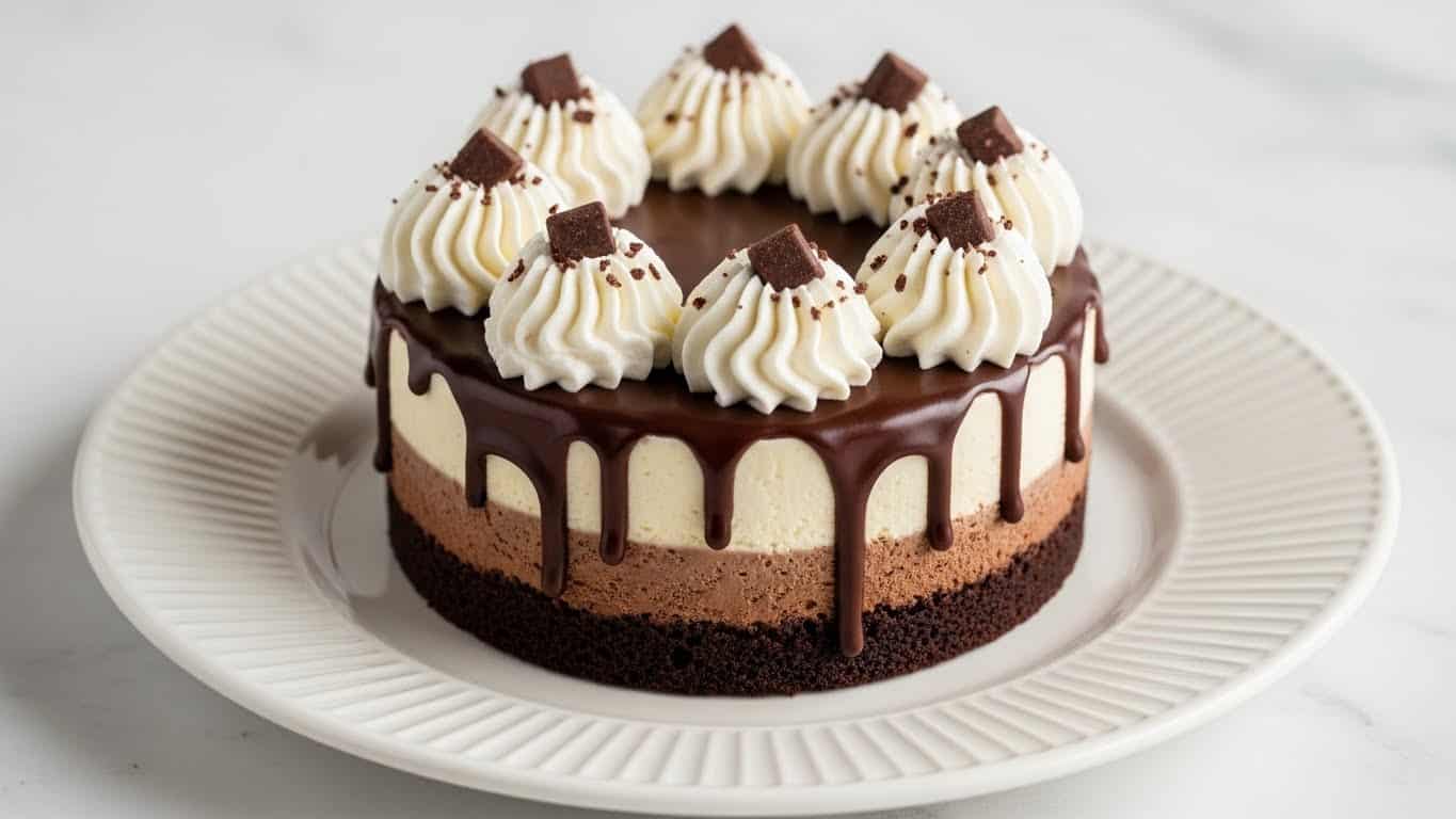 A small round cake sits on a white plate with soft ridges around the edge, placed on a white marbled surface. The cake has three visible layers: a dark brown base, a middle layer with a mix of light cream and brown patches, and a smooth cream-colored top layer. Thick dark chocolate sauce drips down the sides unevenly. On top, there are seven evenly spaced swirls of white whipped cream, each topped with a small triangular piece of dark chocolate. Small chocolate crumbs are scattered on the cream swirls, adding texture. Photo taken with an iphone --ar 4:5 --v 7