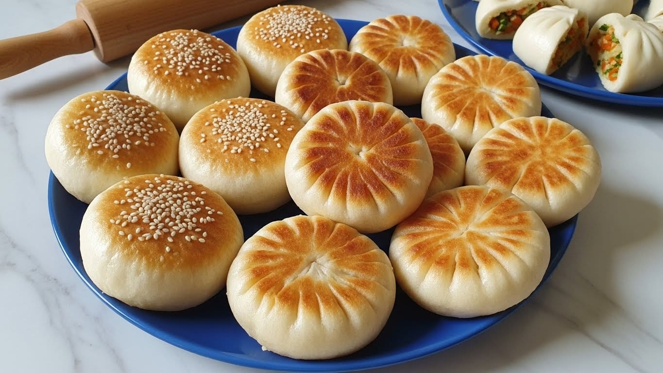 A blue plate filled with nine round, pan-fried buns showing two different tops: some have a smooth golden brown surface sprinkled with white sesame seeds, while others reveal a pleated, flower-like pattern with browned spots from cooking, giving a mix of light beige and rich golden tones. The plate sits on a white marbled surface, and in the background, there is a partial view of a blue plate holding sliced buns that display a mix of white dough and colorful vegetable filling with orange and green shades, along with a wooden rolling pin. Photo taken with an iphone --ar 4:5 --v 7