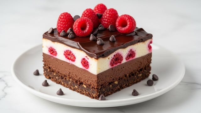 A dessert square with four visible layers sits on a white plate on a white marbled surface. The bottom layer is a dark brown crumbly crust. Above this is a thick, smooth dark chocolate layer, topped by a creamy off-white cheesecake layer mixed with bright red berry pieces. The next layer is a glossy dark chocolate ganache spread evenly on top. The dessert is garnished with fresh red raspberries and small dark chocolate chips scattered on the ganache and plate. Photo taken with an iphone --ar 4:5 --v 7