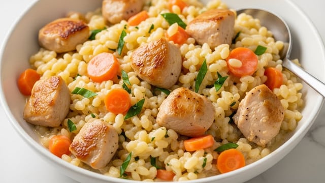 A close-up view of a creamy dish in a white bowl filled with small pasta shaped like rice, mixed evenly with small orange carrot pieces and green herb bits. Lightly browned chunks of cooked chicken are scattered throughout, slightly larger than the pasta, adding texture and color contrast. The creamy sauce coats everything, giving a smooth, glossy look with a light pale yellow color. A spoon is partially visible on the right side, resting inside the bowl. The bowl is placed on a white marbled surface. photo taken with an iphone --ar 4:5 --v 7
