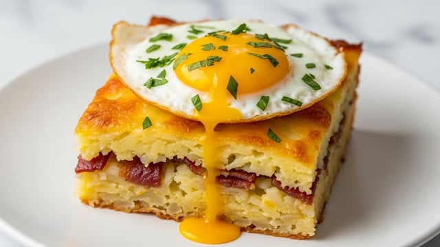 A thick square piece of a breakfast casserole sits on a white plate with a white marbled texture background. The bottom layer is a mixture of golden, shredded hash browns with bits of browned bacon giving it a slightly crispy texture. Above it, there is a crispy browned crust formed by melted cheese and cooked potatoes. On top, a fried egg with a bright yellow, slightly runny yolk sits in the center, its white cooked through and slightly browned around the edges. Green herbs are sprinkled over the egg and casserole, adding a fresh contrast to the warm colors. Photo taken with an iphone --ar 4:5 --v 7