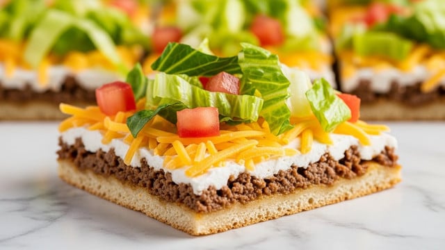 The image shows a close-up of a square slice of taco pizza resting on a white marbled surface. The pizza has several layers starting with a flat, slightly browned crust at the bottom. On top of the crust is a layer of creamy white sauce spread evenly, followed by a layer of browned ground beef. Next, there is shredded yellow cheddar cheese sprinkled over the beef layer. Above the cheese, there is fresh, chopped green lettuce giving a leafy texture and a few small chunks of red tomato scattered around. The colors in the slice are warm and fresh, with the brown meat, white sauce, green lettuce, yellow cheese, and red tomato all clearly visible. In the background, there are more square slices of the same pizza. photo taken with an iphone --ar 4:5 --v 7