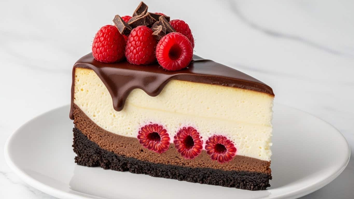 A slice of cheesecake with three clear layers sits on a white plate over a white marbled background. The bottom layer is a dark chocolate crust, firm and crumbly. Above that is a thick, creamy white cheesecake layer with a few red raspberries embedded near the bottom center. The top layer consists of a shiny, smooth dark chocolate ganache dripping slightly over the edges. On top of the ganache, there are fresh, bright red raspberries and a few small pieces of chocolate shavings arranged neatly. Photo taken with an iphone --ar 4:5 --v 7