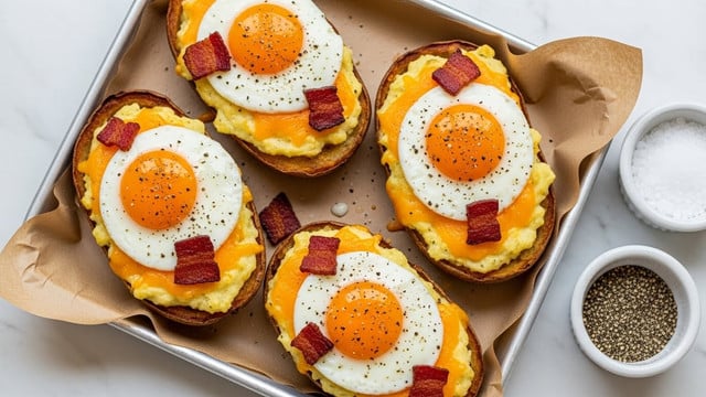 The image shows four potato skins served on a light brown tray lined with brown paper, placed on a white marbled surface. Each potato skin has three main layers: the bottom layer is the crispy brown potato shell, filled with a fluffy, creamy mashed potato layer that is slightly textured, topped with melted bright orange cheddar cheese. On top of the cheese and mashed potato sits a perfectly cooked sunny-side-up egg with a glossy, bright orange yolk in the center and opaque white edges. Small pieces of crispy, dark reddish-brown bacon are placed around the egg on each potato skin. Black pepper is sprinkled lightly over the eggs and cheese, adding small dark flecks. Two small white bowls filled with coarse salt and black pepper are visible beside the tray. Photo taken with an iphone --ar 4:5 --v 7