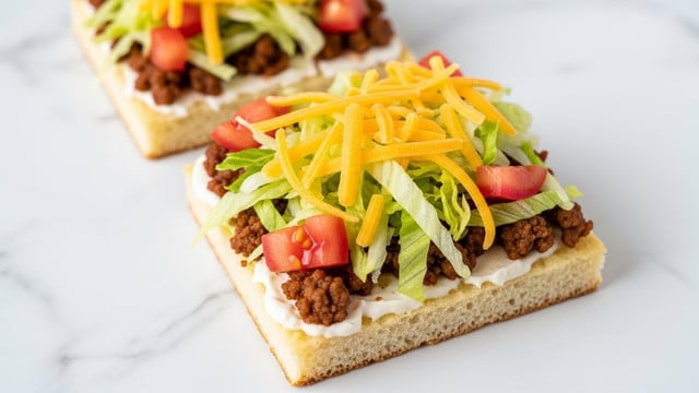 The image shows two square pieces of taco pizza on a white marbled surface. Each slice has a thick, light golden crust as the base layer, topped with a spread of creamy white sauce. On top of that, there is a layer of cooked ground beef in small crumbles, bright red tomato chunks scattered on top, followed by a generous amount of shredded light green lettuce. The final layer consists of shredded yellow cheddar cheese spread unevenly over the lettuce. The colors contrast nicely, with the vibrant green and yellow topping standing out over the meat and creamy sauce. Photo taken with an iphone --ar 4:5 --v 7
