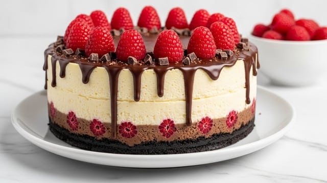 A cheesecake with three visible layers sits on a white plate on a white marbled surface. The bottom layer is dark, crumbly, and looks like crushed cookies. The thick middle layer is creamy pale yellow, smooth in texture and firm, resembling classic cheesecake filling. The top layer has melted dark chocolate dripping down the sides and is decorated with bright red raspberries and small chunks of chocolate sprinkled over. In the background, there is a white bowl with more raspberries. Photo taken with an iphone --ar 4:5 --v 7