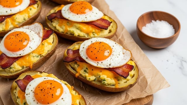 The image shows several baked potato skins filled with layers of creamy mashed potatoes, melted cheddar cheese, crispy bacon strips, and topped with a sunny-side-up egg with a bright orange yolk, sprinkled with black pepper. The potato skins are golden brown and crisp on the outside, with the cheesy mashed potato mixture slightly overflowing at the edges. They are laid out on brown parchment paper atop a wooden board, and a small wooden bowl filled with coarse salt sits nearby on a white marbled surface. photo taken with an iphone --ar 4:5 --v 7
