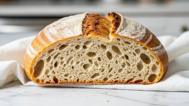 A loaf of rustic bread is shown with a crispy golden-brown crust that has light flour dusting on top. The bread is sliced open to show its soft, airy inside with many uneven holes and a light cream color. The bread rests on a white cloth which lies on a white marbled textured surface. The background is softly blurred, showing a kitchen setting. photo taken with an iphone --ar 4:5 --v 7