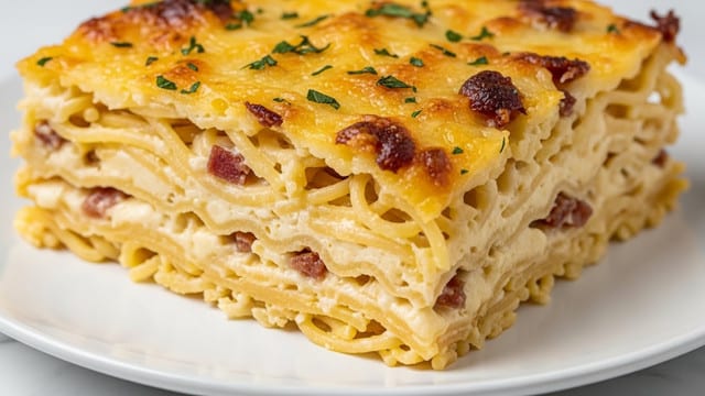 A close-up of a thick, square slice of baked spaghetti casserole on a white plate, showing multiple layers of spaghetti noodles mixed with creamy, melted cheese that is golden and gooey, with bits of browned bacon or ham scattered throughout. The top layer is covered with a crispy, browned cheese crust and small pieces of green herbs sprinkled over it. The dish looks rich, with cheese bubbling around the edges and some noodles peeking through the layers. The plate is on a white marbled surface. Photo taken with an iphone --ar 4:5 --v 7