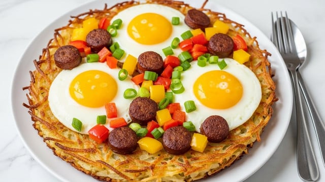 A round dish shows a crispy golden-brown base made from shredded potatoes, forming the first layer, with slightly crunchy edges. On top, there are three sunny-side-up eggs evenly placed, each with bright yellow yolks and white cooked egg whites. Scattered around and on top of the eggs are small browned sausage pieces, bright red and yellow bell pepper cubes, and finely chopped green onions, adding pops of red, yellow, and green color. The whole dish is served on a white plate set on a white marbled surface, with a fork and spoon placed to the right side. photo taken with an iphone --ar 4:5 --v 7