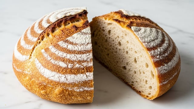 A round loaf of bread is shown on a white marbled surface, cut in half to reveal the inside. The bread crust is golden brown with a rough texture and slight cracks, while the inside is soft and airy with many small holes. The top of the loaf has a light dusting of white flour. Photo taken with an iphone --ar 4:5 --v 7