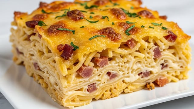 The image shows a close-up of a large piece of lasagna on a white square plate, sitting on a white marbled surface. The lasagna has multiple layers: the bottom layer is a flat pasta sheet, followed by a hearty layer of meat sauce with a rich red color and bits of ground meat, then a thick layer of creamy white cheese sauce, topped with a generous layer of melted golden cheese sprinkled with crispy small pieces of browned bacon and chopped green herbs scattered on top. The cheese looks gooey and smooth, slightly dripping over the sides, creating a warm, inviting look. photo taken with an iphone --ar 4:5 --v 7
