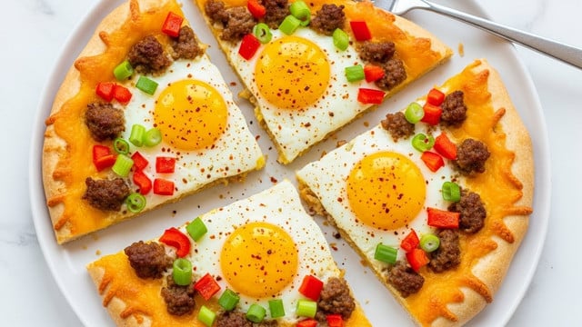 The image shows a round breakfast pizza cut into four slices on a white plate. The pizza has a crispy, golden-brown crust with a layer of melted yellow cheddar cheese as the base. Each slice is topped with a sunny-side-up egg placed near the center with bright yellow yolks and white edges cooked but soft. Around the eggs, there are crumbled browned sausage pieces, small diced red bell peppers, and chopped green onions sprinkled evenly. A light dusting of red seasoning is visible on the eggs. The plate is set on a white marbled surface, and a silver fork is placed near the top right edge of the plate. Photo taken with an iphone --ar 4:5 --v 7