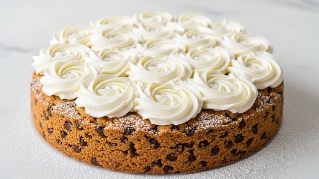 A round cookie cake made of thick chocolate chip cookie dough forms the base layer, with visible chocolate chips throughout its golden-brown, slightly crumbly texture. On top, there is a single thick layer of white cream swirled into large, smooth, soft rose-shaped swirls covering the entire surface. The cake is placed on a white marbled surface dusted lightly with powdered sugar, giving a cozy and rustic feel. photo taken with an iphone --ar 4:5 --v 7