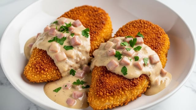 Two thick, golden brown breaded chicken breasts sit side by side in a shallow white bowl. The crispy, crunchy texture of the chicken coating is clearly visible. Both pieces are partially covered with a creamy beige sauce that has small chunks of pink ham and a smooth, glossy finish. Fresh green parsley is sprinkled over the sauce and chicken, adding a touch of color. The bowl rests on a white marbled surface. photo taken with an iphone --ar 4:5 --v 7