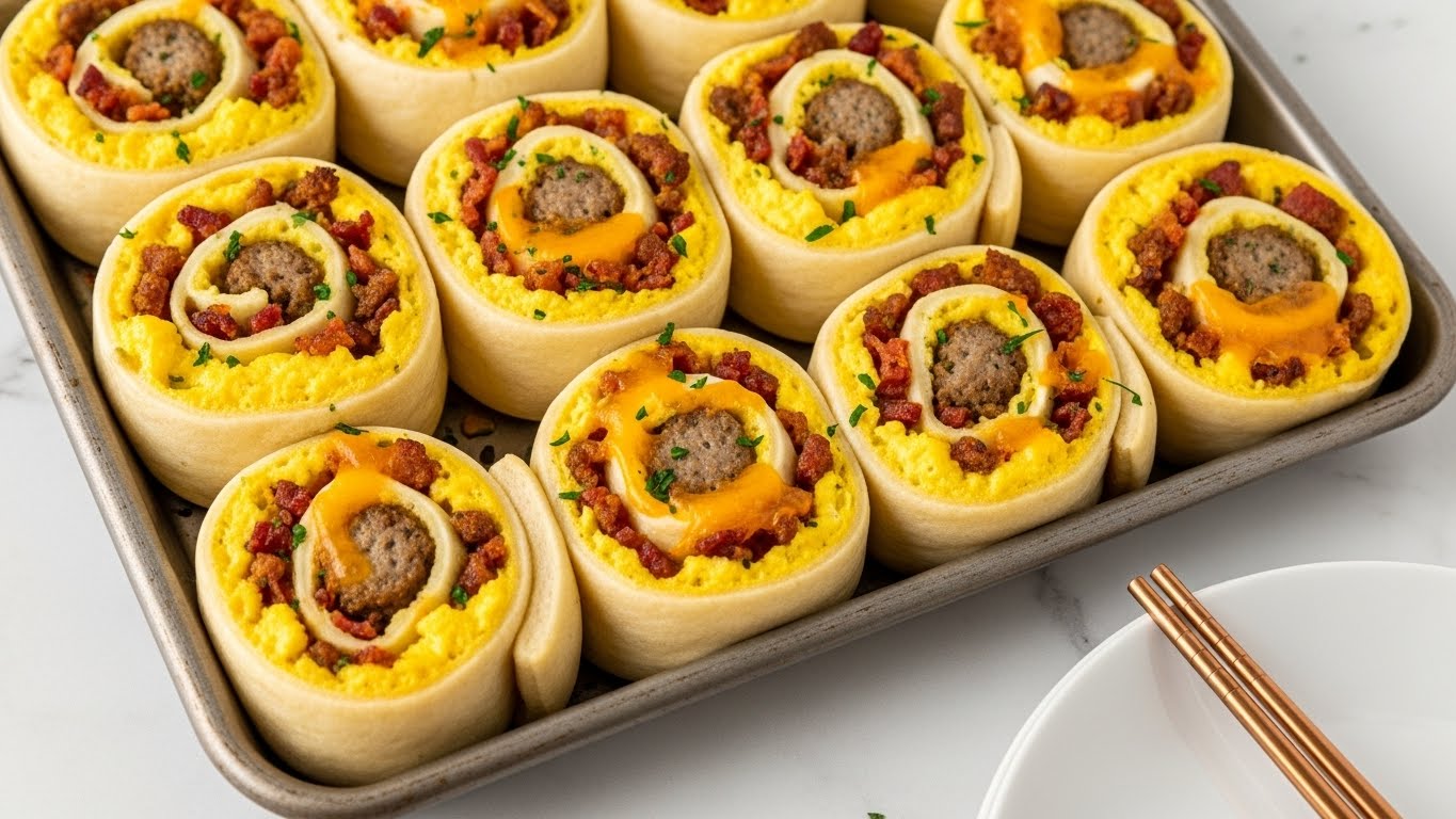 The image shows a metal baking tray filled with golden-brown breakfast roll-ups. Each roll-up has multiple layers: a soft dough outer layer rolled around scrambled eggs in bright yellow, crumbled cooked sausage in brown, bits of cooked bacon in reddish tones, and melted shredded cheddar cheese in orange. The top of each roll is sprinkled with finely chopped green herbs. The tray rests on a white marbled surface, with a white plate and chopsticks with copper handles placed nearby. Photo taken with an iphone --ar 4:5 --v 7