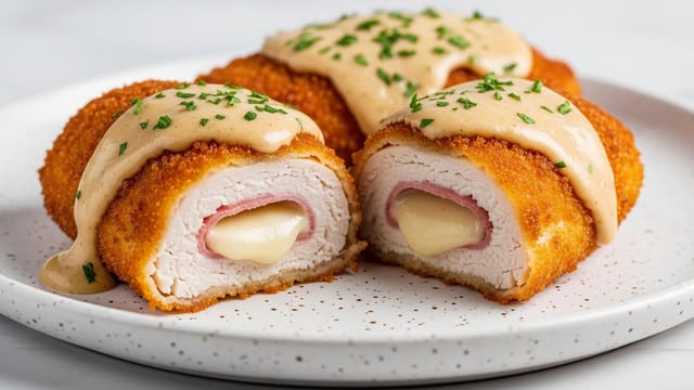 A close-up view of two pieces of breaded chicken stuffed with ham and cheese, cut open to reveal the creamy white filling inside. The outer layer is crispy and golden-brown with a coarse texture. The pieces are topped with a light tan cream sauce sprinkled with chopped green herbs. The chicken rests on a white plate with a speckled rim, placed on a white marbled surface. Photo taken with an iphone --ar 4:5 --v 7