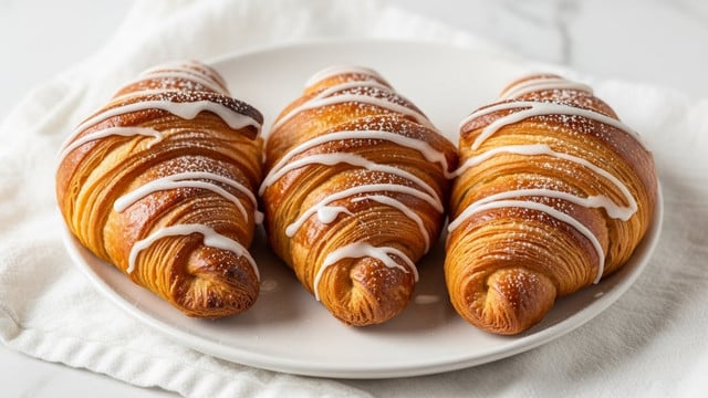 Four golden brown croissants are placed next to each other on a white plate. Each croissant has clear layers that show a flaky and crispy texture, with a shiny glaze on top. There are smooth white icing stripes drizzled diagonally across each croissant. A light dusting of powdered sugar adds a fine, snowy touch to the croissants. The plate sits on a soft white cloth over a white marbled surface. photo taken with an iphone --ar 4:5 --v 7