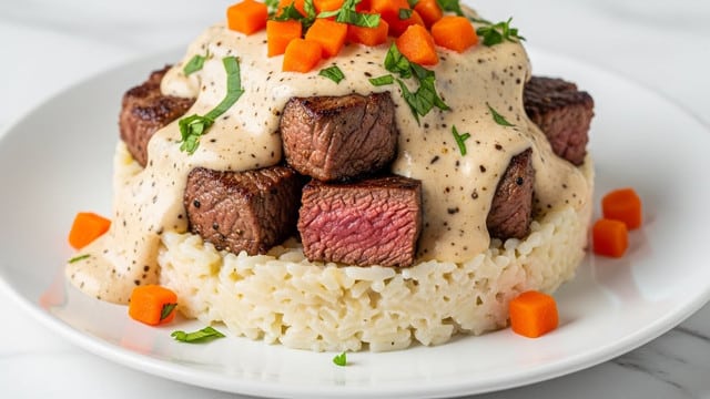 A white plate holds a layered dish starting with a base of white rice mixed with light seasoning visible as small dark specks. On top of the rice, there is a layer of thick orange sauce spread unevenly on one side. Above this sauce, slices of dark brown grilled steak with a charred texture are arranged in a slightly overlapping pattern, covering most of the rice. The steak is topped with a creamy beige sauce speckled with light brown spices. Fresh green chopped herbs are sprinkled on the creamy sauce as a final garnish. The plate is set against a white marbled background, photo taken with an iphone --ar 4:5 --v 7