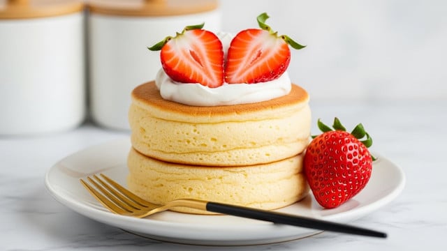 A stack of two thick, fluffy, light yellow pancakes sits on a white plate with a slightly uneven edge, placed on a white marbled surface. The top pancake is slightly puffed and has a soft texture. On top, there is a dollop of white whipped cream with two bright red strawberry halves placed richly with their green leaves attached, and an extra whole strawberry is leaning against the stack on the plate. In front of the stack, a gold and black fork lies on the plate. The background shows blurred white containers with wooden lids, adding warmth to the scene. Photo taken with an iphone --ar 4:5 --v 7