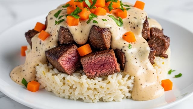 A close-up view of a layered dish on a white plate featuring a creamy bed of white rice at the bottom, topped with chunks of grilled steak that are browned and juicy with a hint of pink inside. The steak is covered with a light beige creamy sauce that has visible specks of black pepper and is garnished with small cubes of bright orange vegetables and sprinkled fresh chopped green herbs on top. The plate rests on a white marbled surface. photo taken with an iphone --ar 4:5 --v 7