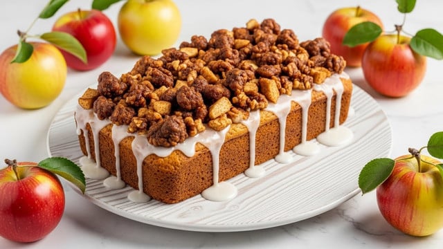 A rectangular cake with a golden-brown base is set on a white plate with natural wood grain patterns, placed on a white marbled surface. The cake has one visible thick layer topped with a chunky mix of cinnamon-coated nuts and apple pieces, all covered with a glossy white glaze that drips down the sides and onto the plate. Surrounding the cake are whole red and yellow apples, some with small branches and leaves, adding a fresh and colorful touch. Photo taken with an iphone --ar 4:5 --v 7
