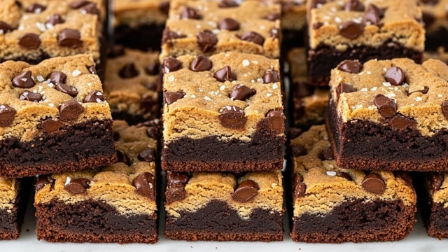 The image shows many pieces of chocolate chip cookie brownies stacked closely together on a white marbled surface. Each brownie has two visible layers: a rich, dark chocolate brownie base with a dense, moist texture, and a lighter brown cookie dough layer on top with a soft and slightly crumbly texture. The cookie layer is dotted with shiny, melted chocolate chips and some pieces have a sprinkling of coarse sea salt on top, adding a slight sparkle. The brownies are cut into roughly square shapes of various sizes, showing the contrast between the two layers clearly. photo taken with an iphone --ar 4:5 --v 7