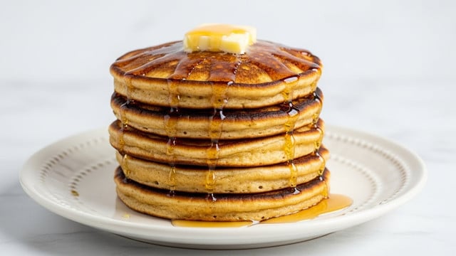 A stack of five thick, golden-brown pancakes sits centered on a white plate with a slightly textured surface. Each pancake has a crispy, slightly rough edge with a soft, fluffy inside visible from the side. The pancakes are coated with a layer of glistening amber syrup that drips gently down the sides. On top, there is a small square of melting pale yellow butter, slightly softened by the warmth of the stack. The plate rests on a white marbled texture surface. photo taken with an iphone --ar 4:5 --v 7