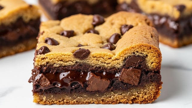 A close-up of a baked bar showing two main layers: the bottom layer is a rich, dark chocolate layer with a shiny, gooey texture and chunks of melted chocolate, while the top layer is a golden brown cookie dough layer that looks soft and slightly crumbly with chocolate chips embedded in it. The edges of the bar have a slightly crisp and browned finish. In the background, other similar bars can be seen slightly out of focus, all set against a white marbled texture. photo taken with an iphone --ar 4:5 --v 7