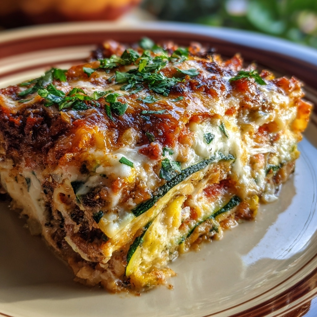 Layered Sweet Potato, Butternut Squash, and Carrot Lasagna with Feta, Walnuts, and Cranberry Balsamic Glaze Recipe - Recipe Image