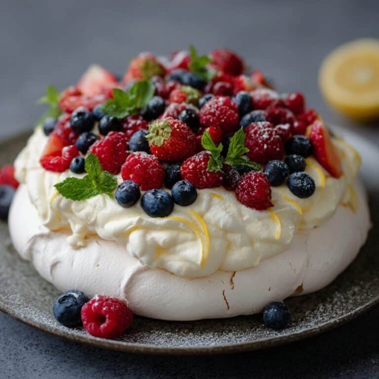 Meringue Cake with Lemon Curd Cream and Berries Recipe