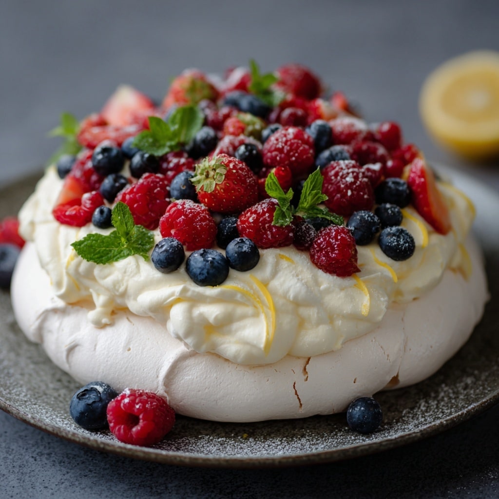 Meringue Cake with Lemon Curd Cream and Berries Recipe