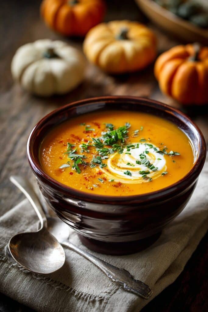 Vegan Pumpkin Soup with Spiced Pumpkin Seed and Coconut Topping Recipe