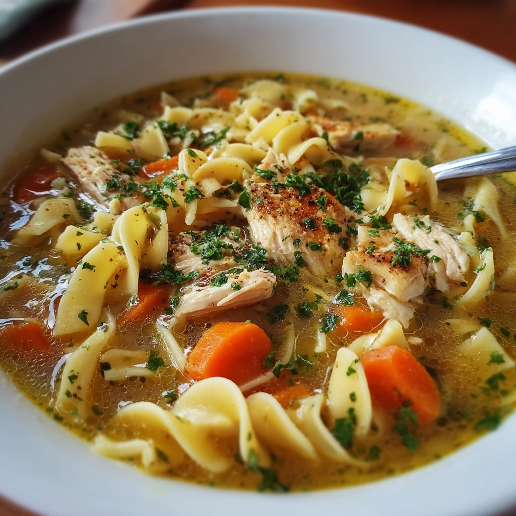 Creamy Chicken Noodle Soup with Mini Croutons Recipe - Recipe Image