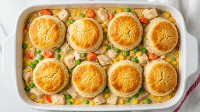 A white deep square baking dish filled with a creamy chicken pot pie topped with seven round golden-brown puff pastry biscuits that have a flaky texture and are sprinkled with green herbs. The creamy filling beneath is thick and white, showing pieces of shredded chicken mixed with small bright orange carrot slices, green peas, and pale yellow corn kernels. The filling is bubbling slightly around the edges, and one biscuit is slightly pulled away, revealing the smooth, rich sauce underneath. The dish sits on a white marbled surface with a white and gray striped cloth partially visible on the side. photo taken with an iphone --ar 4:5 --v 7