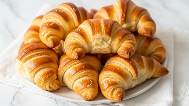 A tray holds a pile of golden-brown croissants with a flaky, layered texture. Each croissant is drizzled with thin white icing lines running diagonally across the top, adding a glossy contrast. The croissants are arranged closely together on white parchment paper inside a wooden tray, placed on a white marbled surface. In the background, a soft green cloth adds a gentle touch of color. The overall scene has warm, natural lighting that highlights the crisp outer layers and soft, fluffy inside of the pastries. photo taken with an iphone --ar 4:5 --v 7
