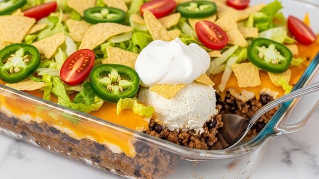 A clear glass rectangular dish filled with a layered taco casserole is placed on a white marbled surface. The casserole has a bottom layer of cooked ground beef mixed with black beans, topped by a thick, melted golden-brown cheese layer. On top, there is a fresh layer of shredded green lettuce, bright red tomato wedges, and sliced green jalapeño peppers. Scattered around the dish are crunchy, yellow corn noodle strips. Several dollops of white sour cream sit on the top layer, adding contrast and creaminess. A spoon is lifting a portion from the corner, showing all the layers clearly. Photo taken with an iphone --ar 4:5 --v 7