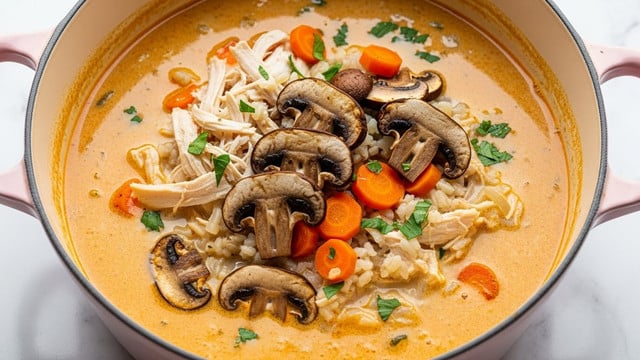 A close-up view of a creamy chicken and mushroom soup served in a white pot with a pale pink handle. The soup has multiple layers, starting with a light orange creamy broth base that is slightly frothy on the surface. Floating on top are shredded pieces of white chicken meat mixed with soft chunks of light orange carrots and small bits of celery. Slices of browned mushrooms with a rich golden-brown sear are scattered around, adding a darker tone to the dish. Fresh green herbs are sprinkled evenly on top, adding a fresh pop of color. A metal ladle stands inside the pot, slightly dipping into the soup. The pot rests on a white marbled texture surface. Photo taken with an iphone --ar 4:5 --v 7