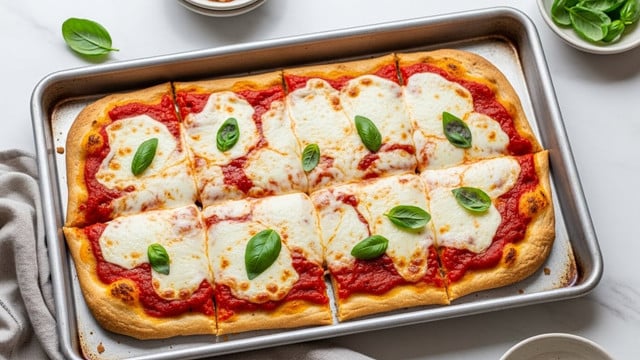 A rectangular pizza cut into eight square slices, in a metal baking tray on a white marbled surface; the base is golden brown and slightly crispy with a thick layer of bright red tomato sauce spread evenly; on top is a generous layer of melted white mozzarella cheese with areas bubbling and browned, creating a slightly uneven texture; fresh green basil leaves are scattered on the cheese, adding a pop of color; around the tray are small dishes and a cloth napkin, but the focus is on the pizza and its rich, melted cheese with basil accents photo taken with an iphone --ar 4:5 --v 7