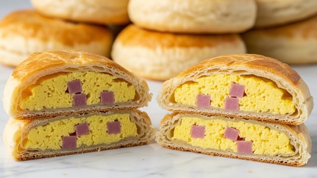 The image shows two rectangular breakfast pockets stacked on top of each other on a wooden surface with a white marbled texture background. Each pocket has a golden brown, flaky crust with a slightly glossy finish, sprinkled with small green herb pieces and a little black pepper. The top pocket is cut open to show a thick, fluffy, yellow scrambled egg filling speckled with small bits of red, likely ham or bacon. The crust layers appear thin, crisp, and flaky, with the egg filling nestled inside in one chunky layer, visible through the open half. photo taken with an iphone --ar 4:5 --v 7