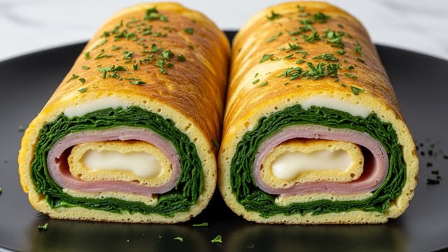 Two rolled omelets sit on a dark plate, each showing three layers inside: the outer golden-brown folded egg layer with a slightly crispy texture, a middle layer of melted white cheese, and the innermost layer of green cooked spinach mixed with pieces of light pink ham. The omelets are sprinkled with finely chopped green herbs on top, adding a fresh touch. The egg surface has a shiny, slightly oily look with small browned spots, and the plate rests on a white marbled texture. photo taken with an iphone --ar 4:5 --v 7