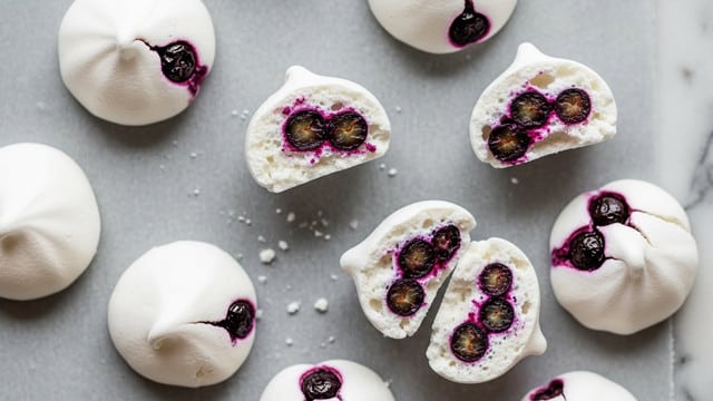 Small, round meringue bites with a smooth, slightly glossy white exterior are scattered on a grey parchment paper. Each bite has visible dark purple and black spots inside, showing they contain whole blueberries. Some meringues are whole and others are broken or cut in half, revealing a crisp and airy texture. The overall look is light and delicate with a mix of soft white and deep berry colors on a textured grey surface, changed to a white marbled texture. photo taken with an iphone --ar 4:5 --v 7