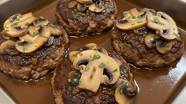 This image shows four thick brown meat patties covered with a rich, glossy dark brown mushroom sauce, topped with sliced cooked mushrooms and small green herb bits. The patties sit close together in a shallow metal pan filled with the shiny sauce. The mushrooms on top are lighter brown with a soft texture, adding contrast to the darker sauce and patties. The overall look is warm and hearty. photo taken with an iphone --ar 4:5 --v 7