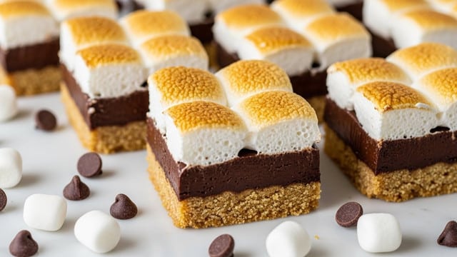 Several square s'mores bars are arranged closely on a white marbled surface. Each bar shows three clear layers: a crumbly, golden brown graham cracker crust at the bottom; a dense, dark chocolate layer in the middle; and a top layer of lightly toasted, golden white marshmallows that are puffed and slightly browned on top. Loose chocolate chips and white marshmallows are scattered lightly around the bars, adding texture and color contrasts. The bars’ edges reveal the distinct separation of the layers in a neat, clean cut. The photo taken with an iphone --ar 4:5 --v 7